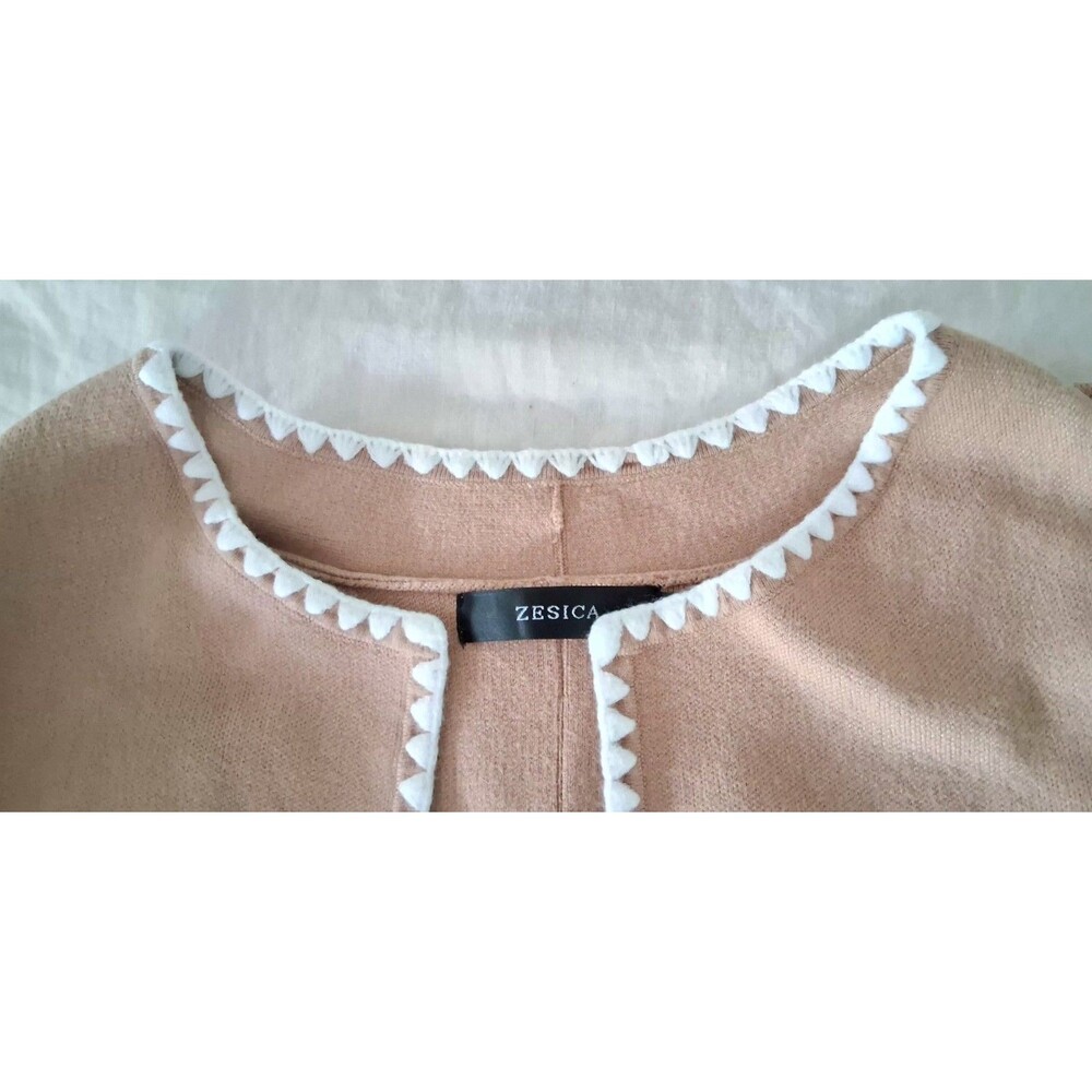 Zesica Long Cardigan Sweater Jacket M Camel Beige Stitch Trim Lightweight Travel - Picture 4 of 12